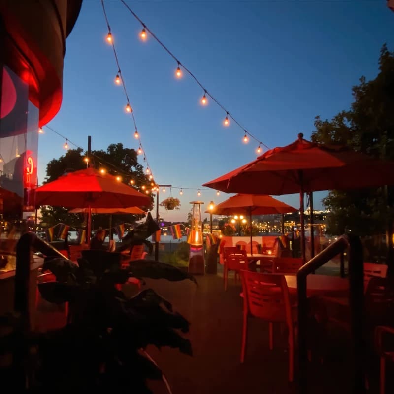 Belleville's patio with orange umbrellas